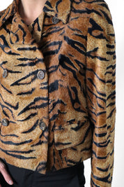 Les Copains 1990s Tiger Print Faux Fur Double Breasted Cropped Jacket - S - As Is