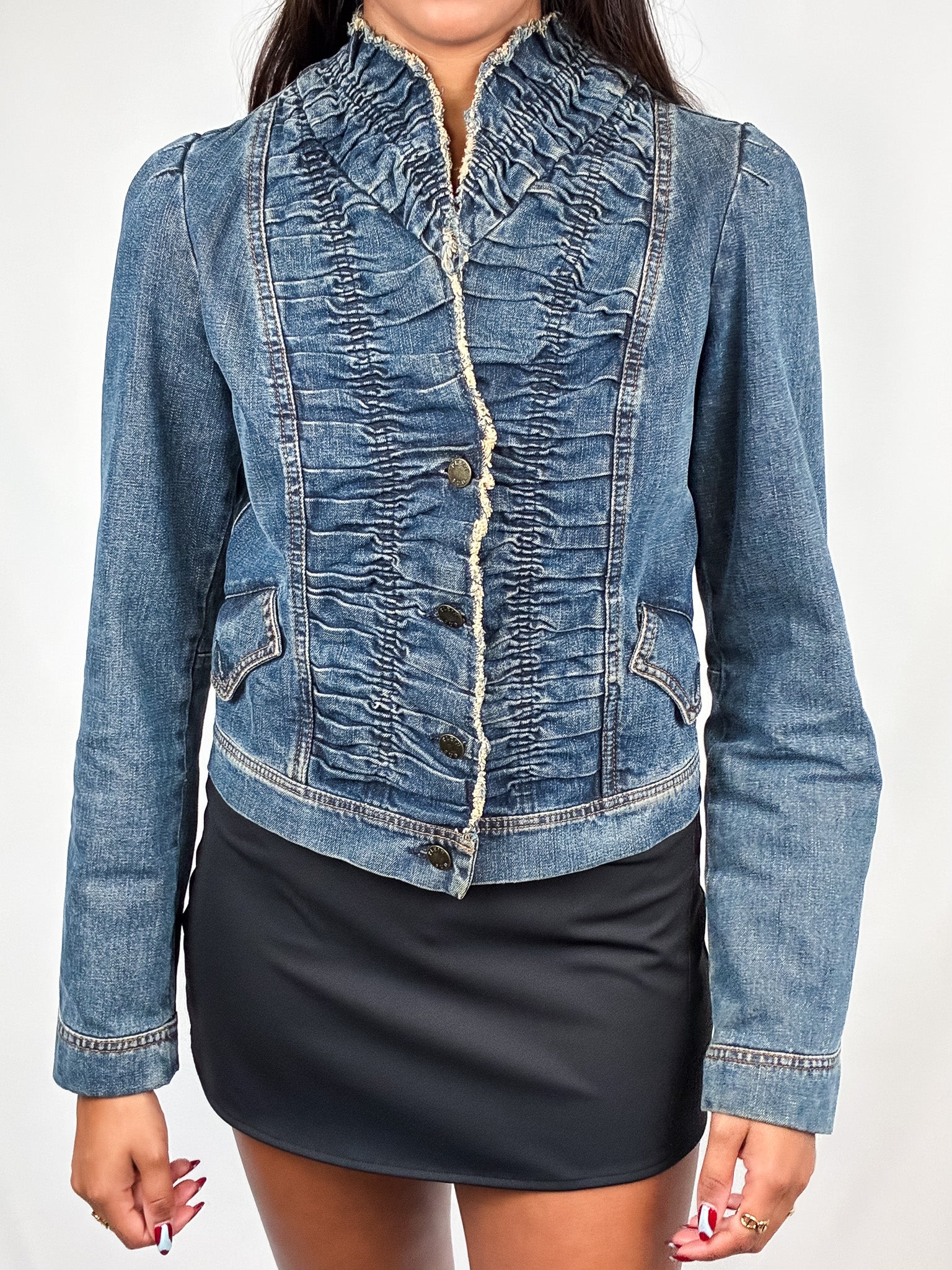 Plein Sud Jeans 2000s Blue Ruched Frayed-Edge Denim Jacket - S/M