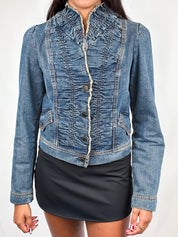 Plein Sud Jeans 2000s Blue Ruched Frayed-Edge Denim Jacket - S/M