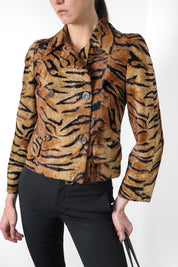 Les Copains 1990s Tiger Print Faux Fur Double Breasted Cropped Jacket - S - As Is