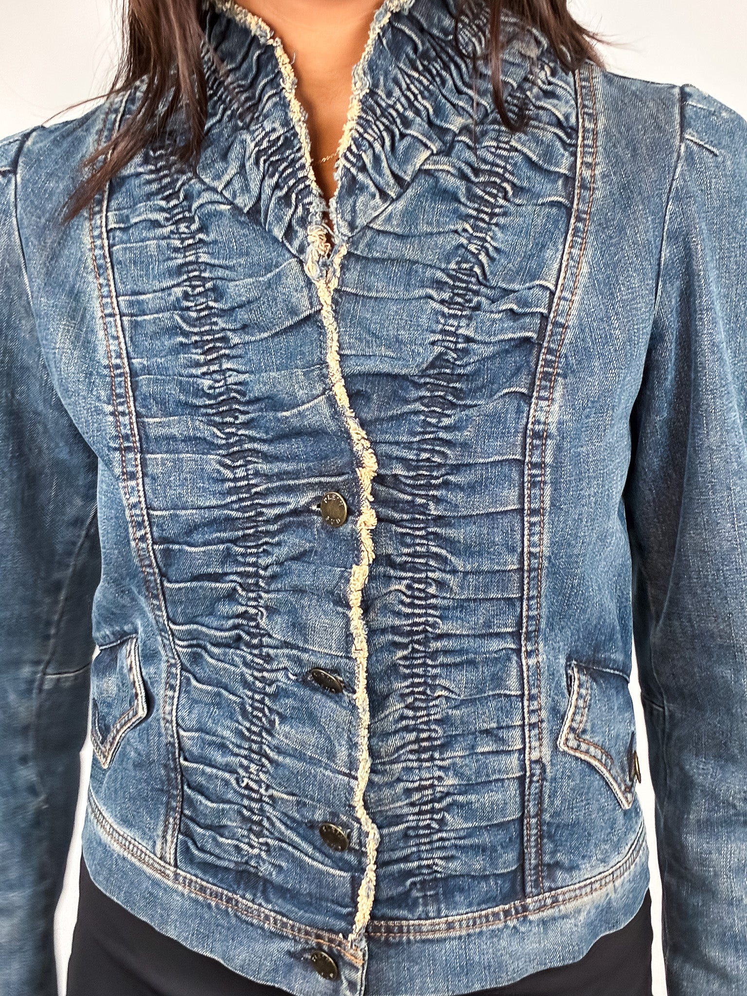 Plein Sud Jeans 2000s Blue Ruched Frayed-Edge Denim Jacket - S/M