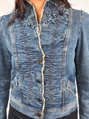 Plein Sud Jeans 2000s Blue Ruched Frayed-Edge Denim Jacket - S/M