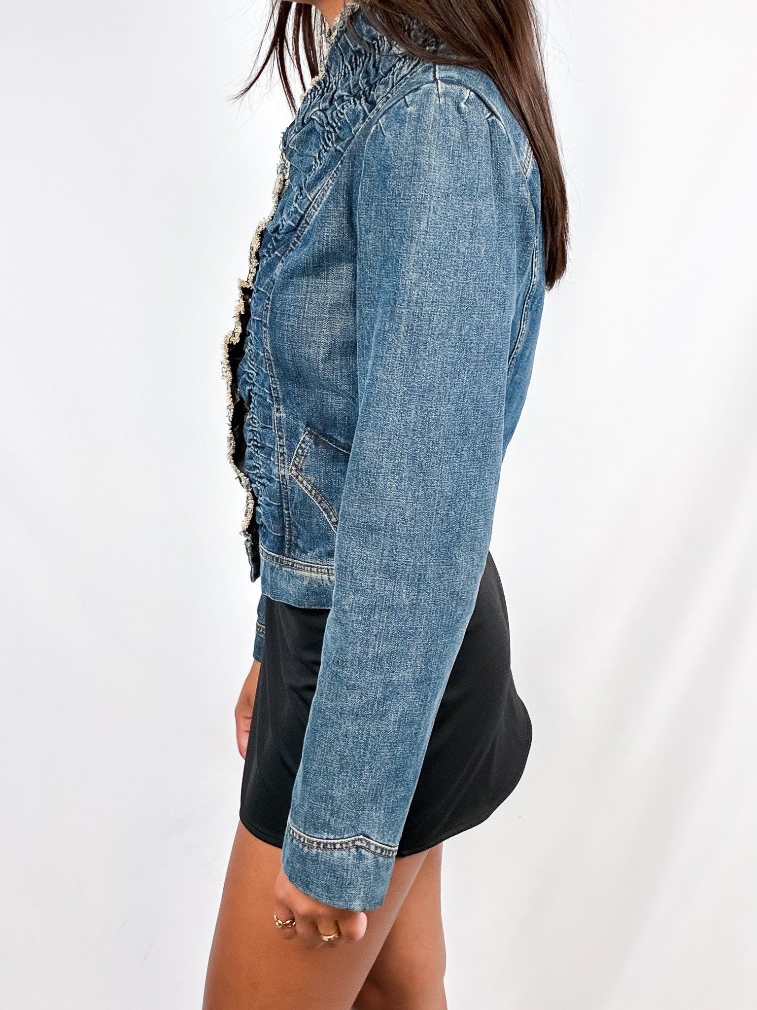 Plein Sud Jeans 2000s Blue Ruched Frayed-Edge Denim Jacket - S/M