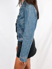 Plein Sud Jeans 2000s Blue Ruched Frayed-Edge Denim Jacket - S/M