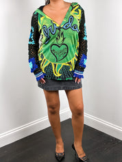 Custo Barcelona 2000s Green and Blue Frida Print Crochet Sleeve Hooded Tunic - M/L