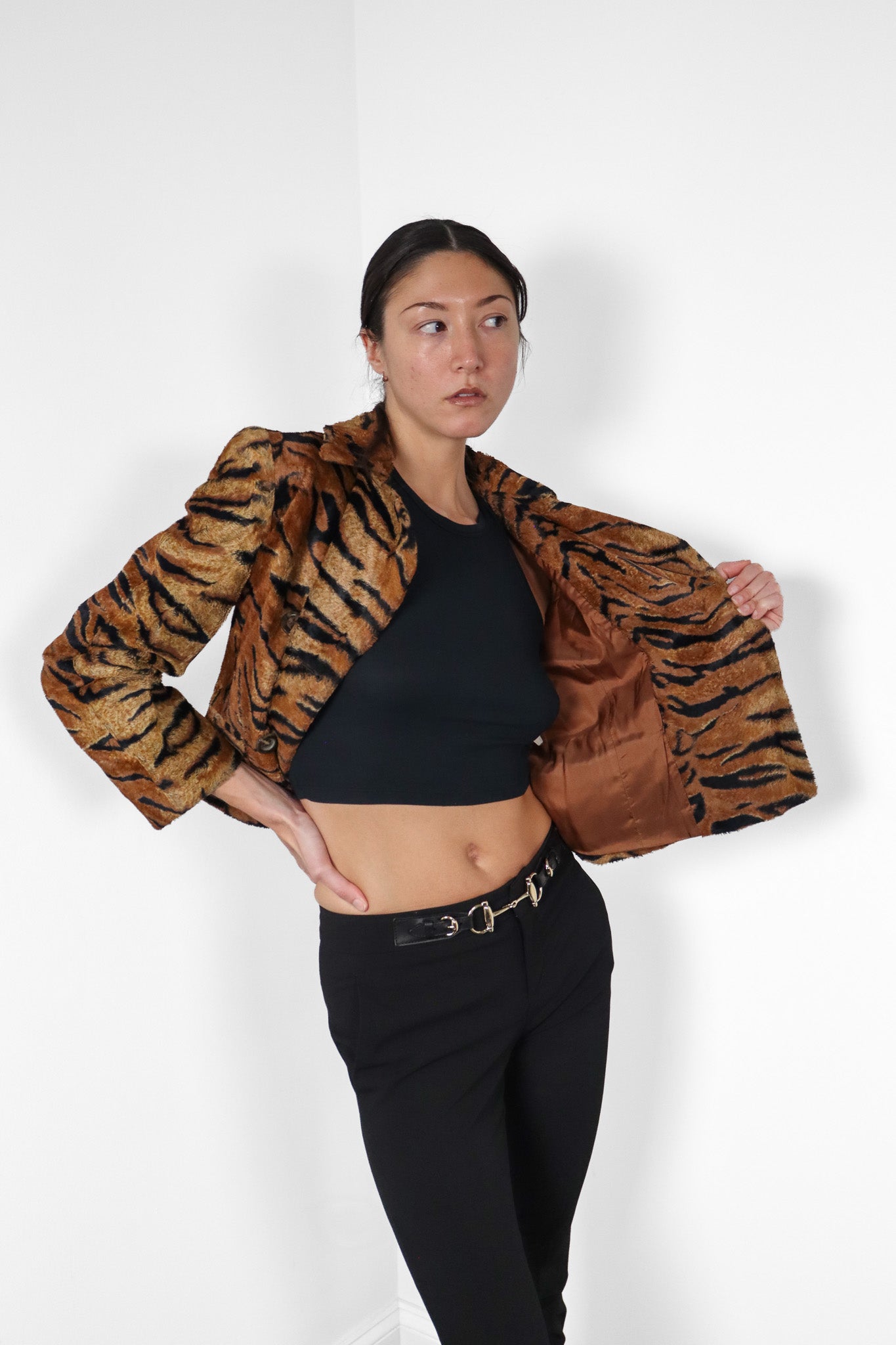 Les Copains 1990s Tiger Print Faux Fur Double Breasted Cropped Jacket - S - As Is