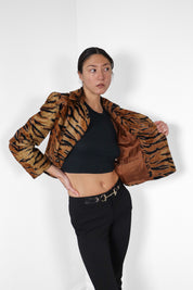 Les Copains 1990s Tiger Print Faux Fur Double Breasted Cropped Jacket - S - As Is