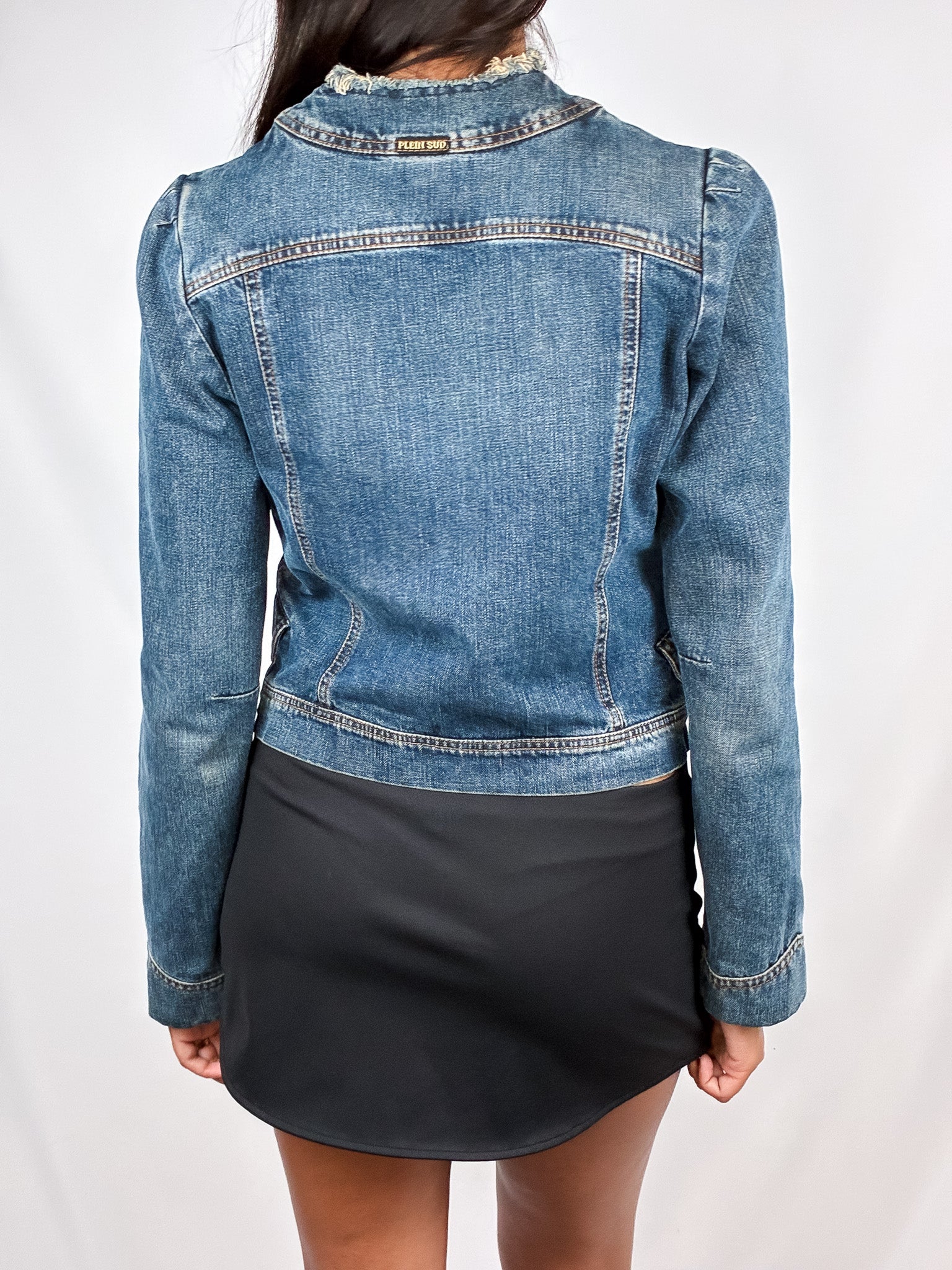 Plein Sud Jeans 2000s Blue Ruched Frayed-Edge Denim Jacket - S/M