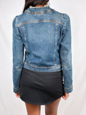 Plein Sud Jeans 2000s Blue Ruched Frayed-Edge Denim Jacket - S/M
