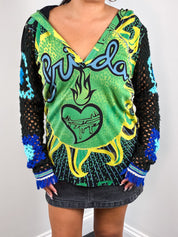 Custo Barcelona 2000s Green and Blue Frida Print Crochet Sleeve Hooded Tunic - M/L