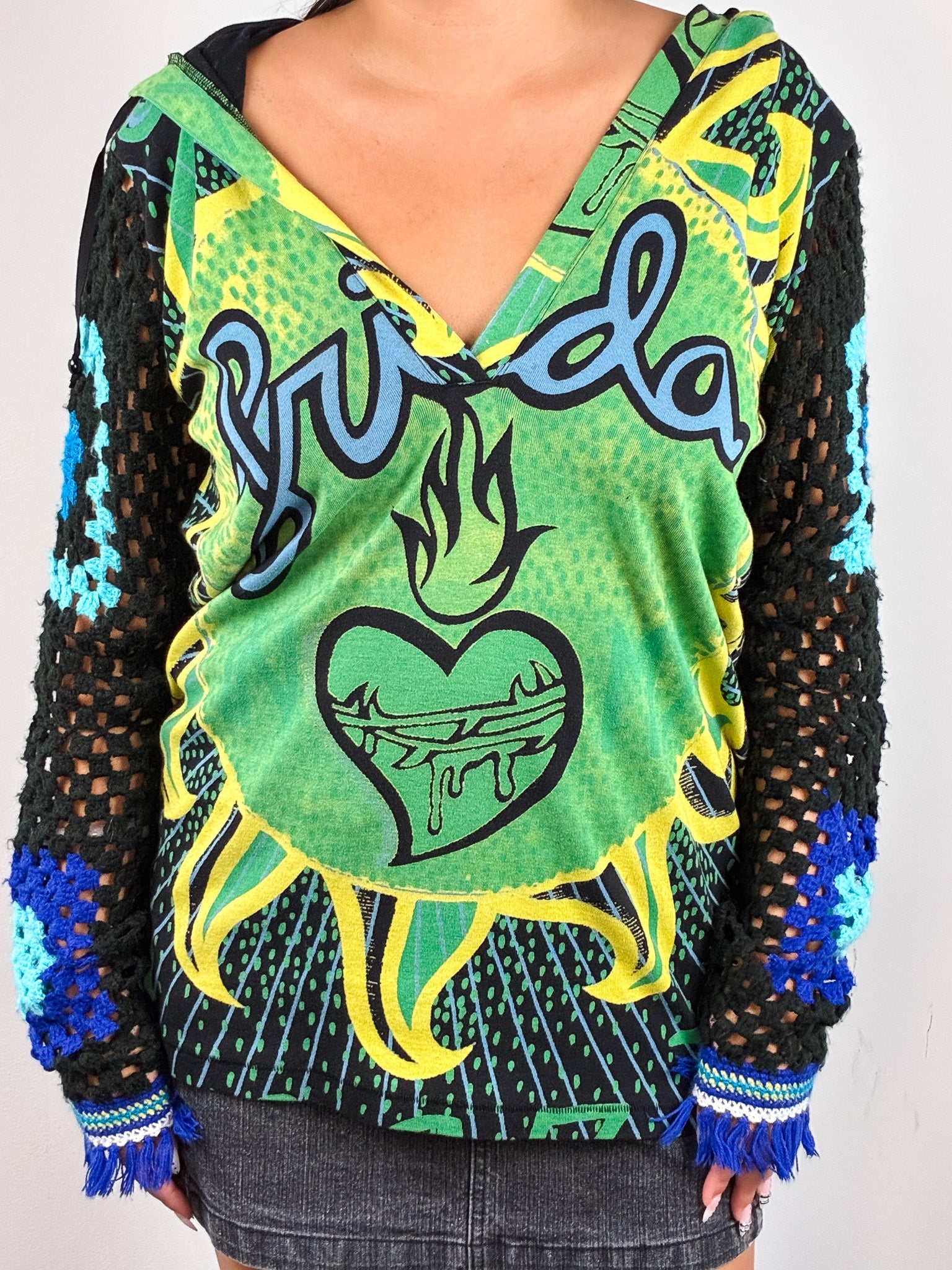 Custo Barcelona 2000s Green and Blue Frida Print Crochet Sleeve Hooded Tunic - M/L