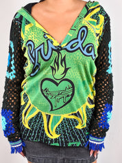 Custo Barcelona 2000s Green and Blue Frida Print Crochet Sleeve Hooded Tunic - M/L