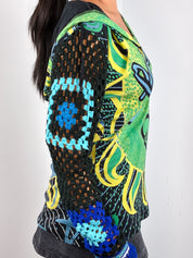 Custo Barcelona 2000s Green and Blue Frida Print Crochet Sleeve Hooded Tunic - M/L