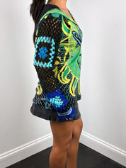 Custo Barcelona 2000s Green and Blue Frida Print Crochet Sleeve Hooded Tunic - M/L