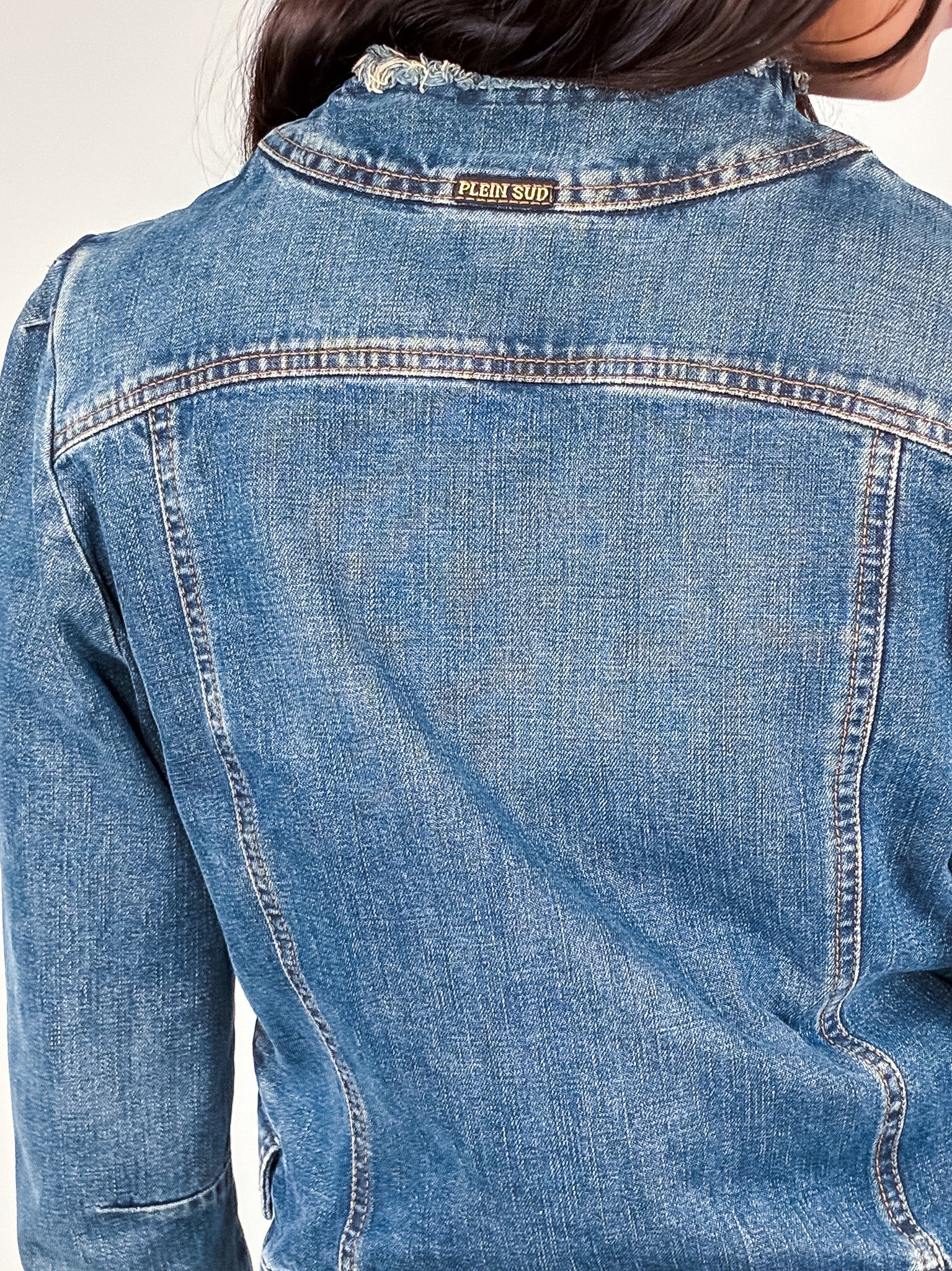 Plein Sud Jeans 2000s Blue Ruched Frayed-Edge Denim Jacket - S/M