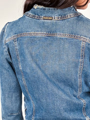 Plein Sud Jeans 2000s Blue Ruched Frayed-Edge Denim Jacket - S/M