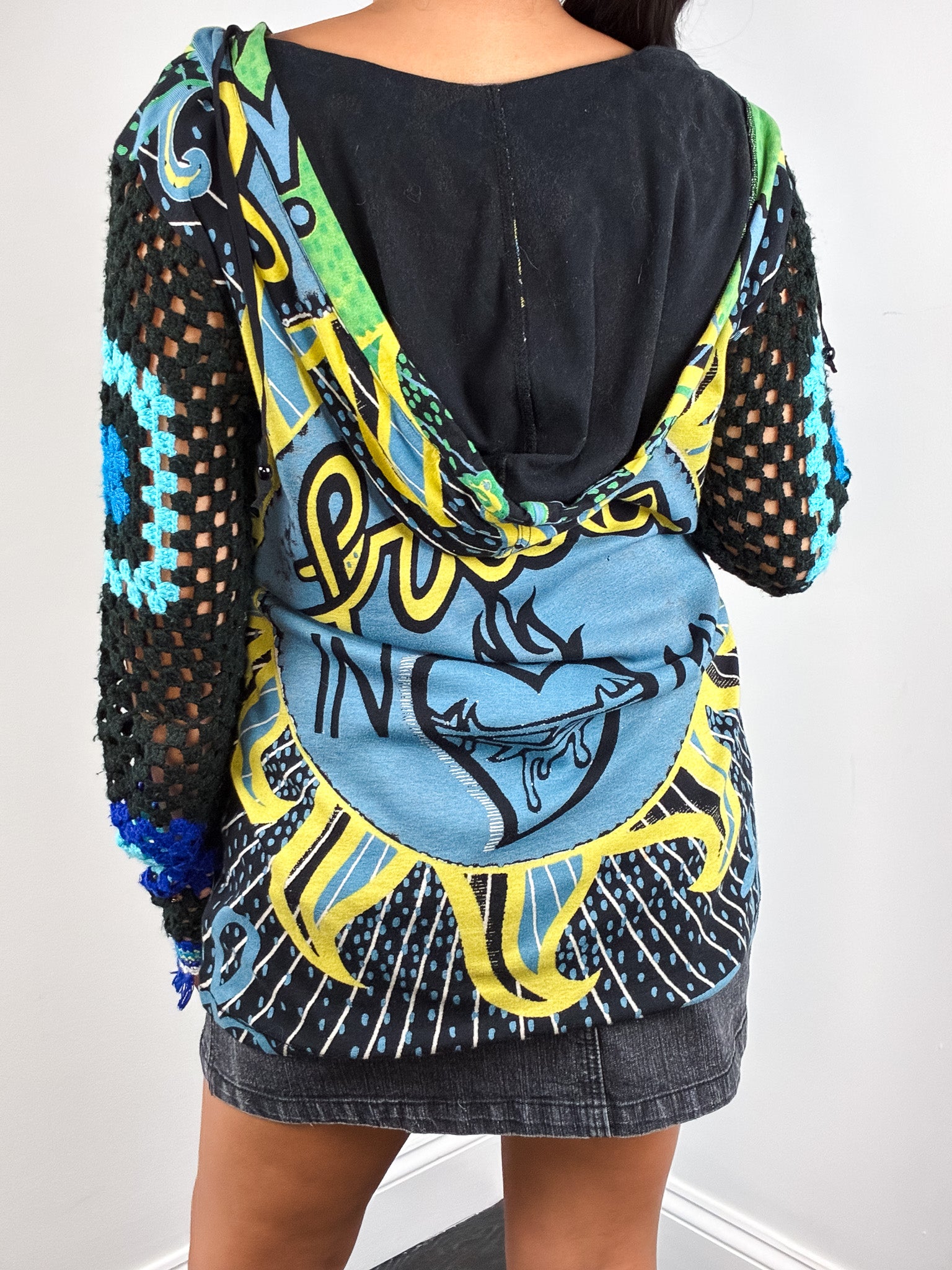 Custo Barcelona 2000s Green and Blue Frida Print Crochet Sleeve Hooded Tunic - M/L