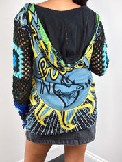 Custo Barcelona 2000s Green and Blue Frida Print Crochet Sleeve Hooded Tunic - M/L