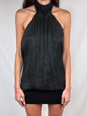 Kontatto 2000s Black Crinkle Pleated Halter Mini Dress - S/M