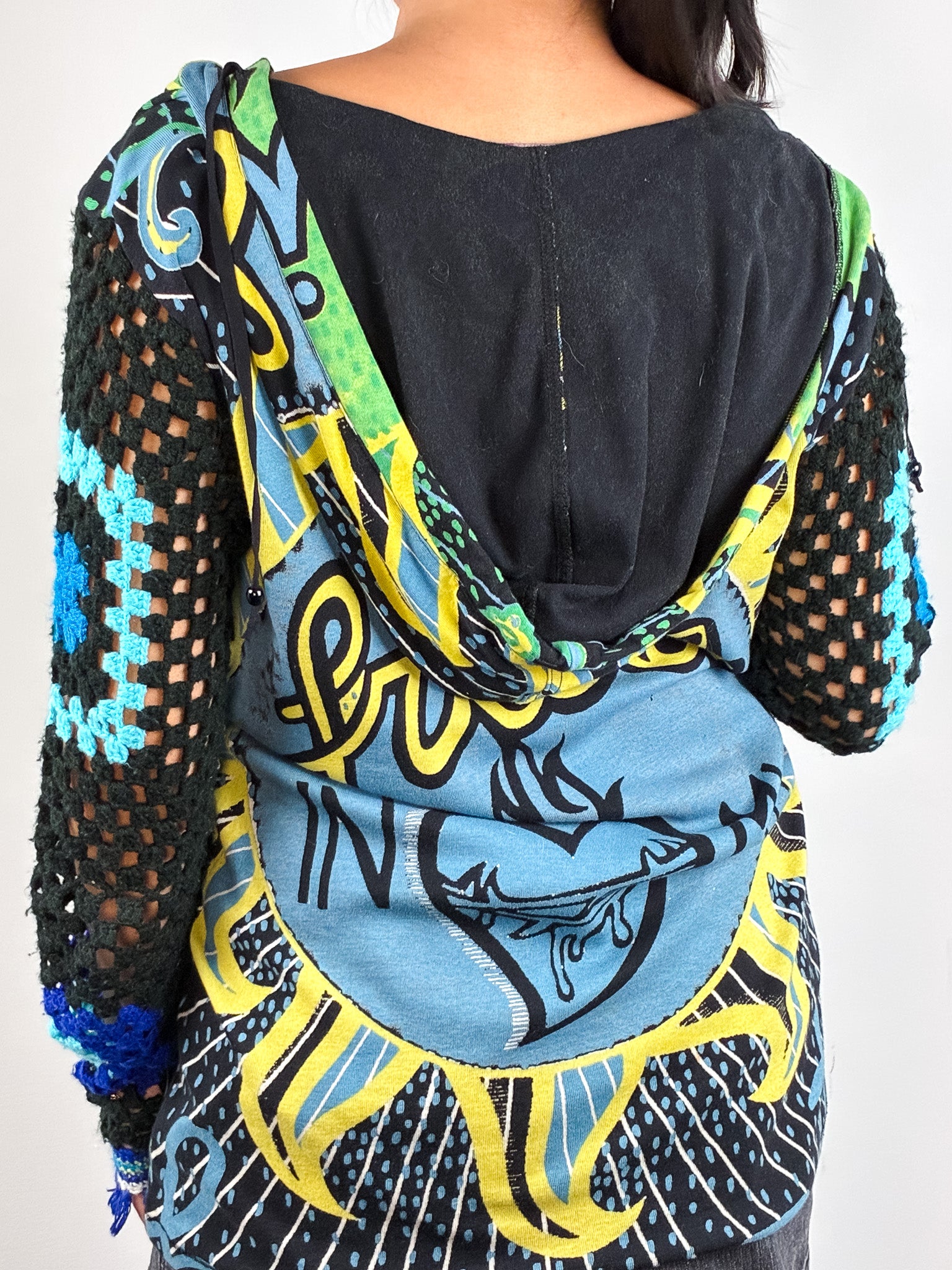 Custo Barcelona 2000s Green and Blue Frida Print Crochet Sleeve Hooded Tunic - M/L