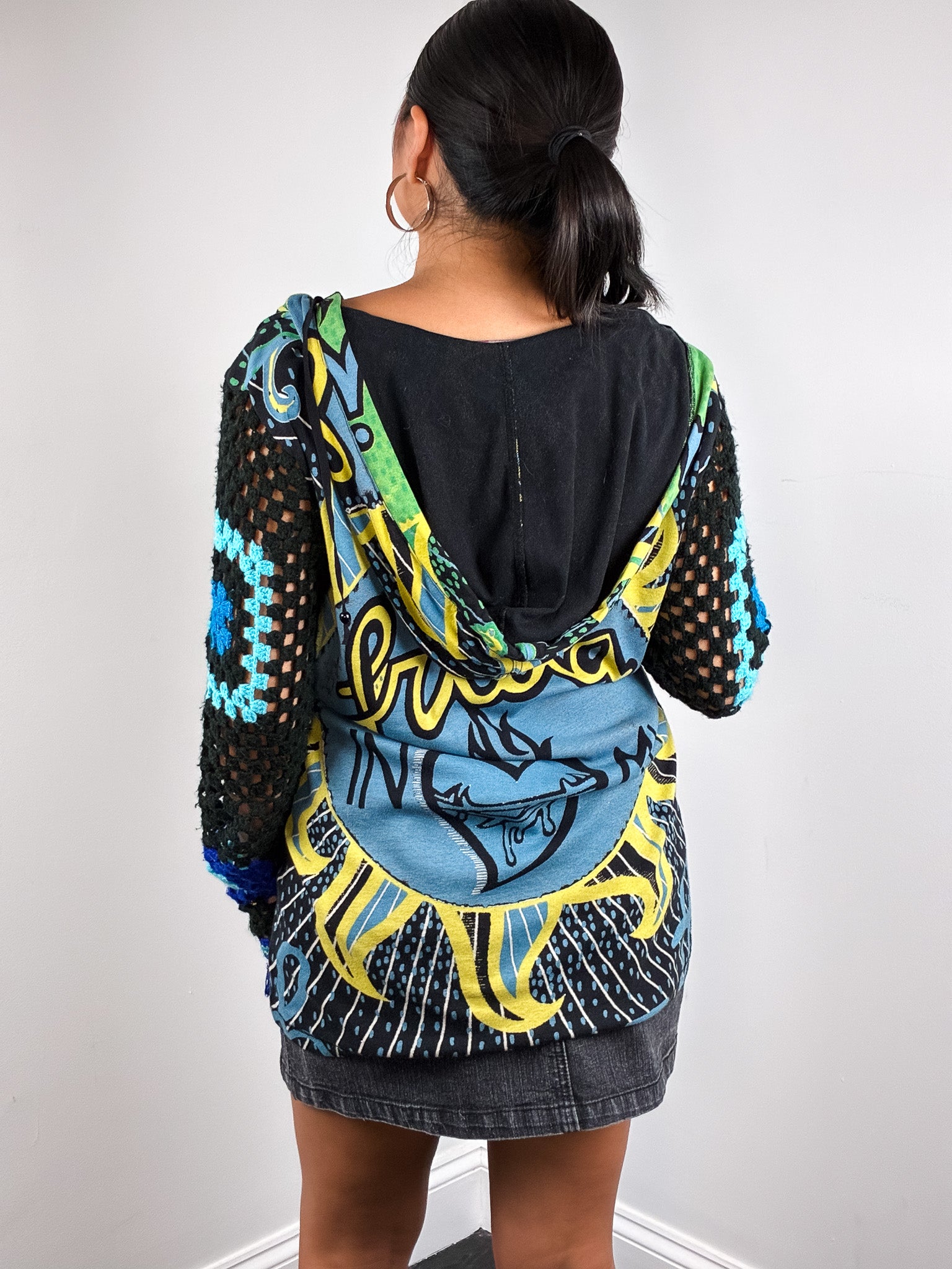 Custo Barcelona 2000s Green and Blue Frida Print Crochet Sleeve Hooded Tunic - M/L