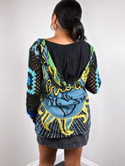 Custo Barcelona 2000s Green and Blue Frida Print Crochet Sleeve Hooded Tunic - M/L