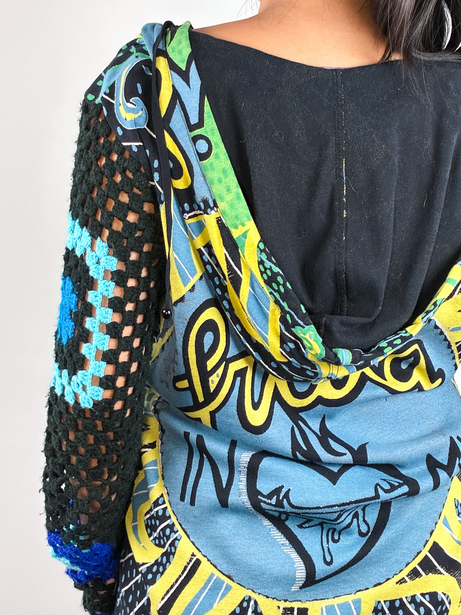 Custo Barcelona 2000s Green and Blue Frida Print Crochet Sleeve Hooded Tunic - M/L