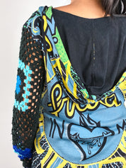 Custo Barcelona 2000s Green and Blue Frida Print Crochet Sleeve Hooded Tunic - M/L