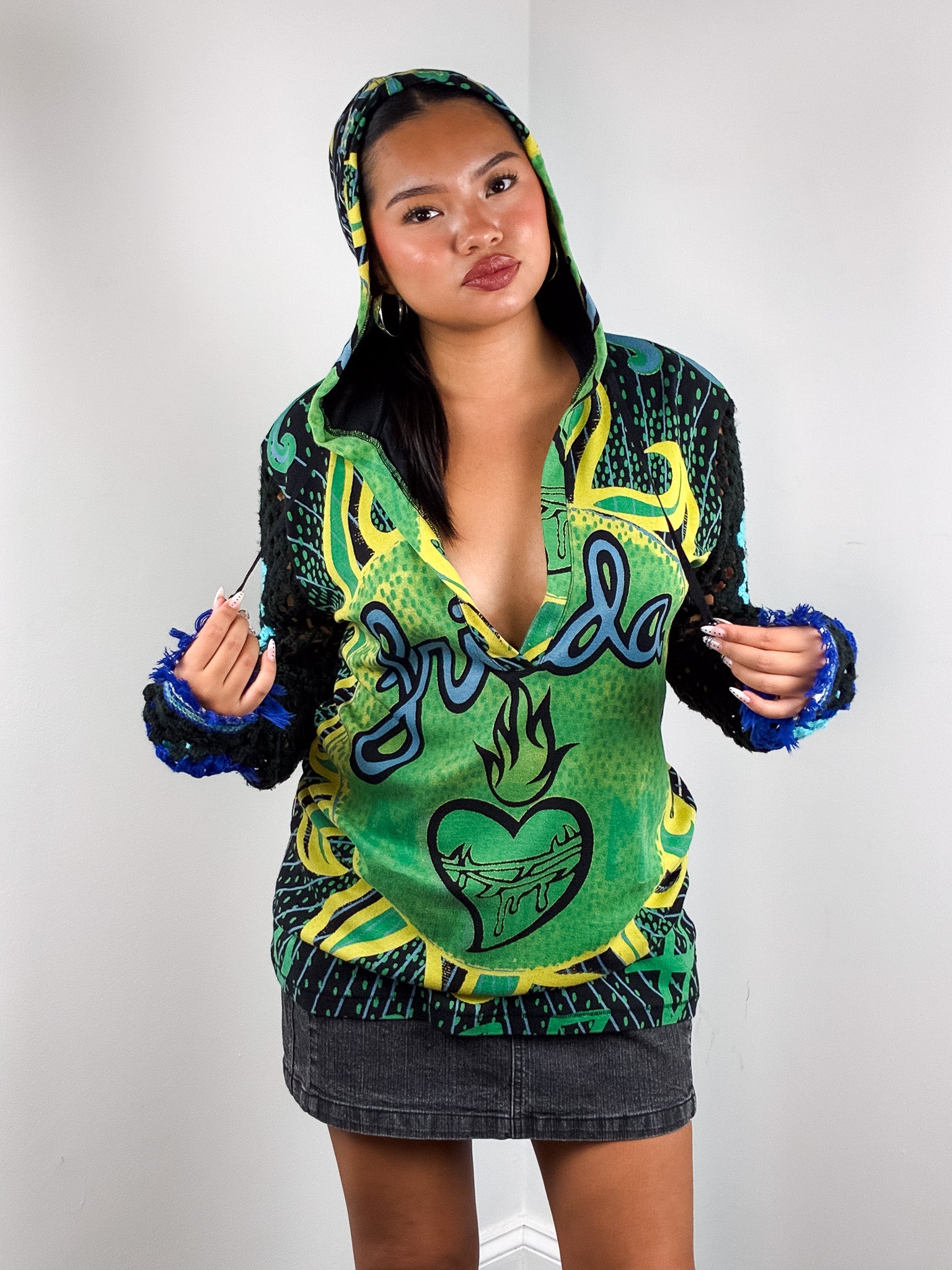 Custo Barcelona 2000s Green and Blue Frida Print Crochet Sleeve Hooded Tunic - M/L