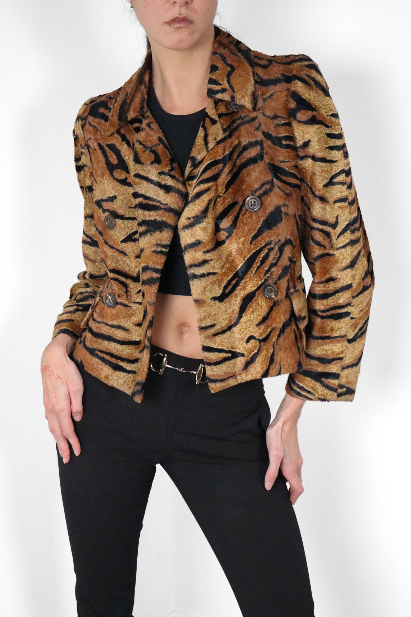 Les Copains 1990s Tiger Print Faux Fur Double Breasted Cropped Jacket - S - As Is