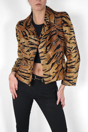 Les Copains 1990s Tiger Print Faux Fur Double Breasted Cropped Jacket - S - As Is