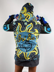 Custo Barcelona 2000s Green and Blue Frida Print Crochet Sleeve Hooded Tunic - M/L