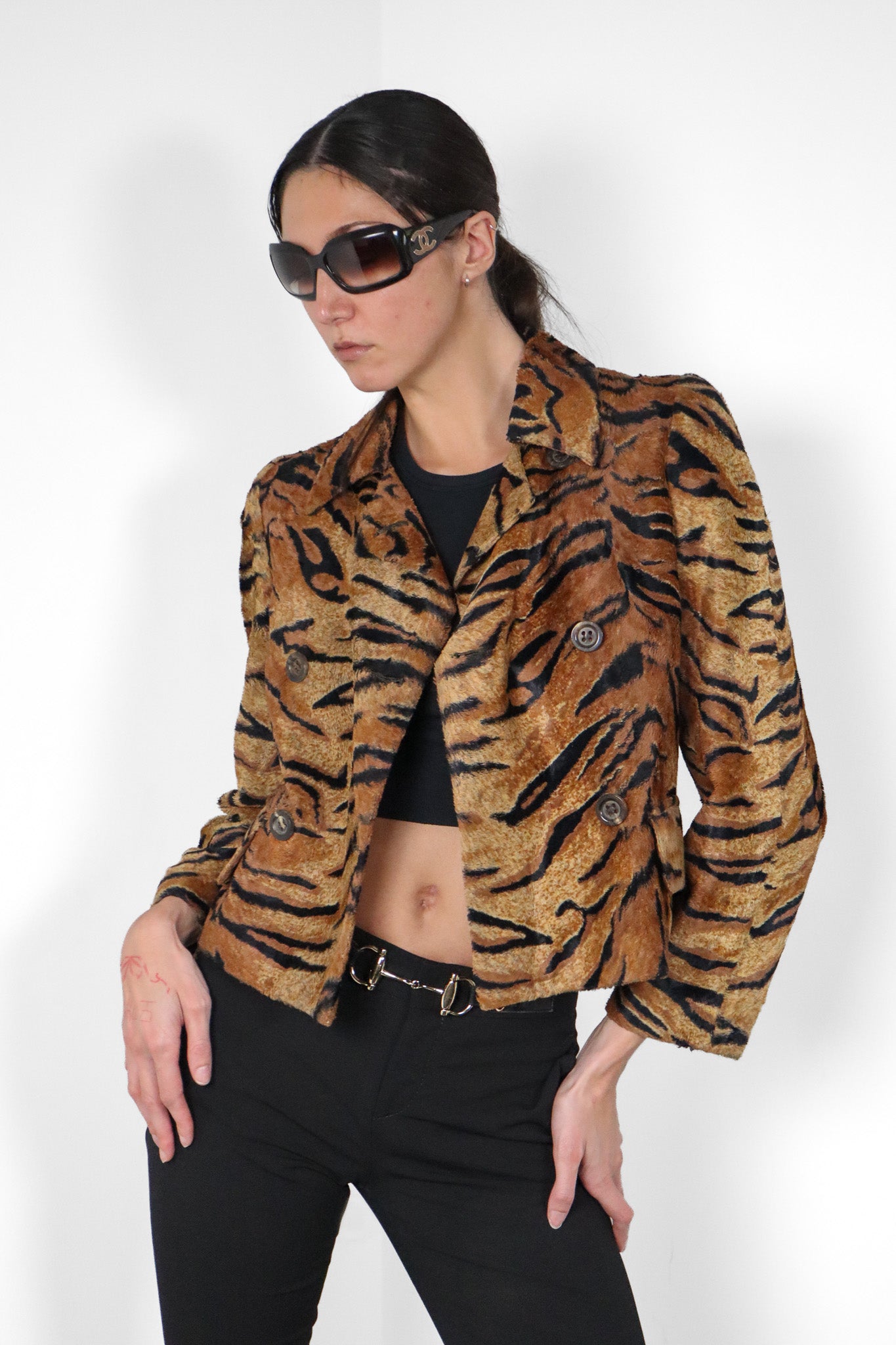 Les Copains 1990s Tiger Print Faux Fur Double Breasted Cropped Jacket - S - As Is
