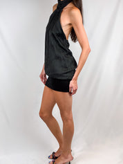 Kontatto 2000s Black Crinkle Pleated Halter Mini Dress - S/M