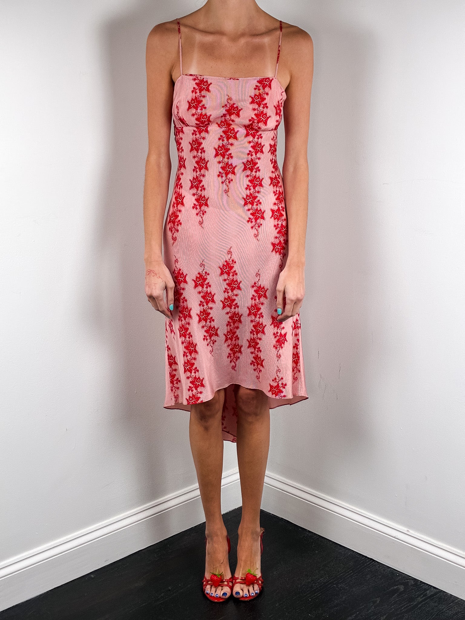 Armani Exchange 2000s Red Floral Asymmetric Hem Slip Dress - XS