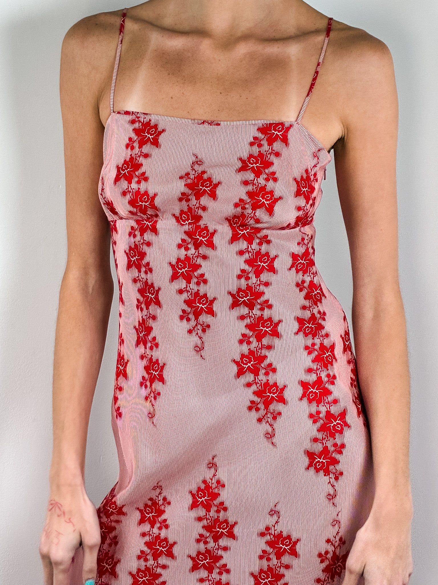Armani Exchange 2000s Red Floral Asymmetric Hem Slip Dress - XS