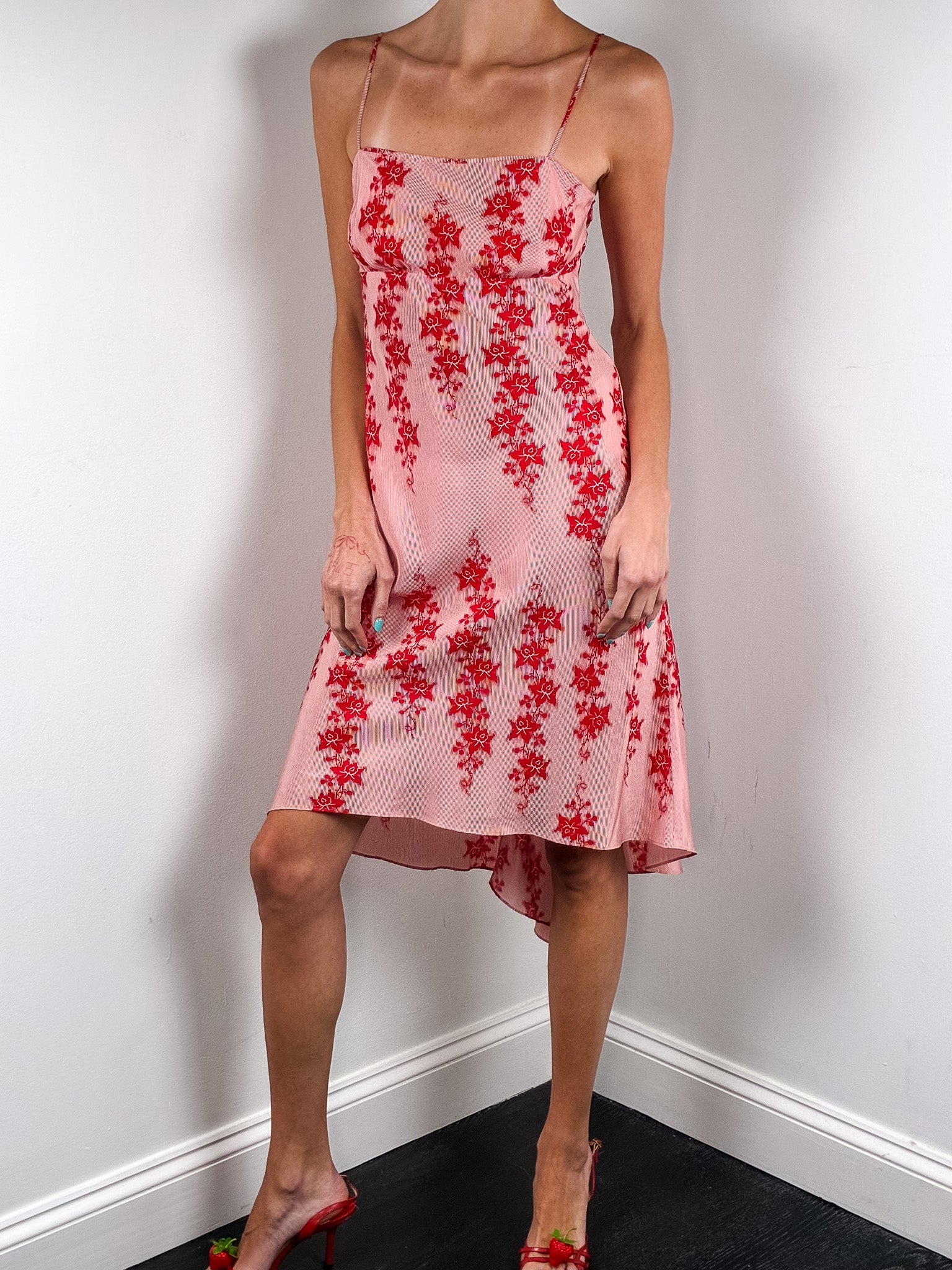 Armani Exchange 2000s Red Floral Asymmetric Hem Slip Dress - XS