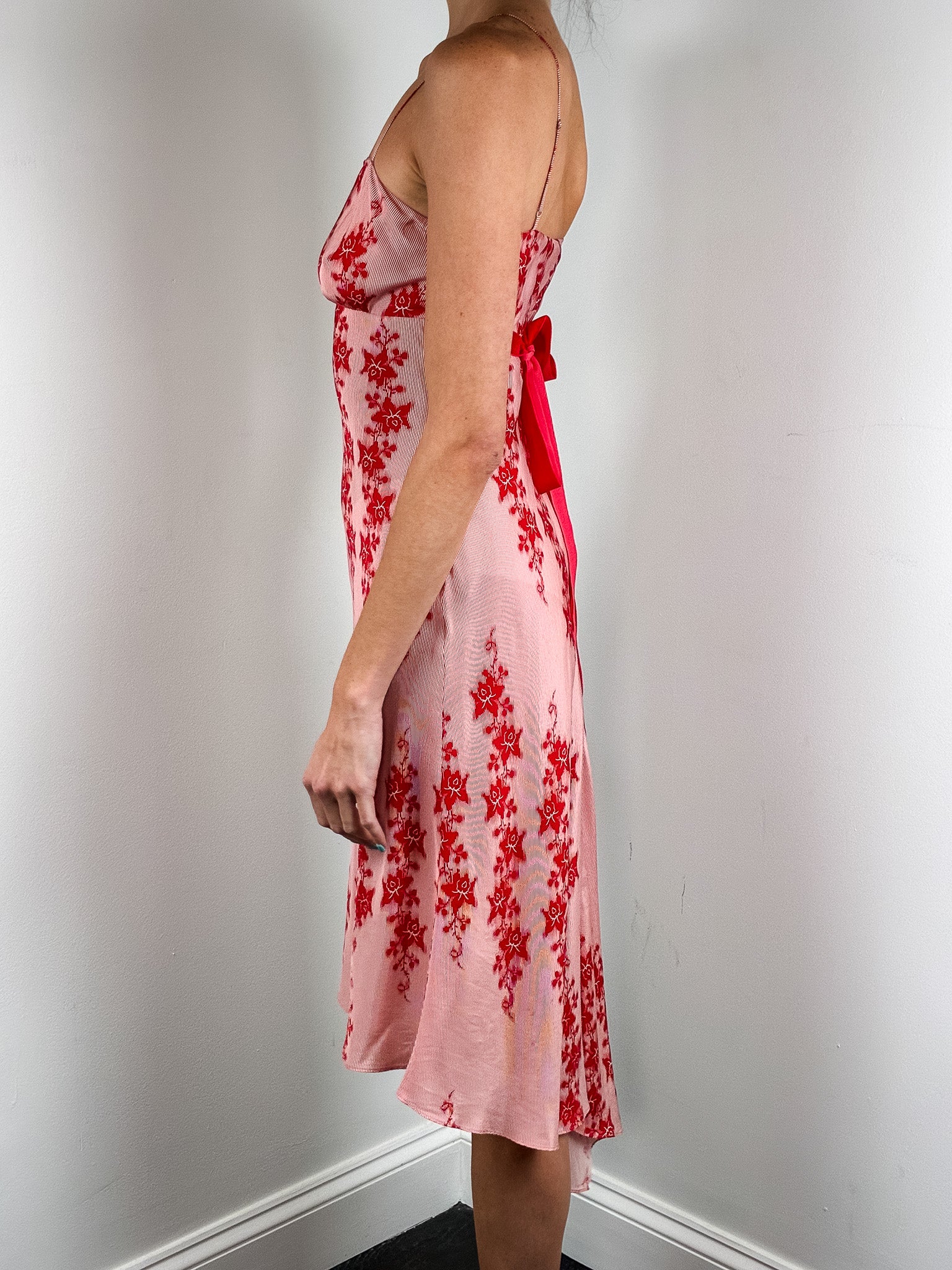 Armani Exchange 2000s Red Floral Asymmetric Hem Slip Dress - XS