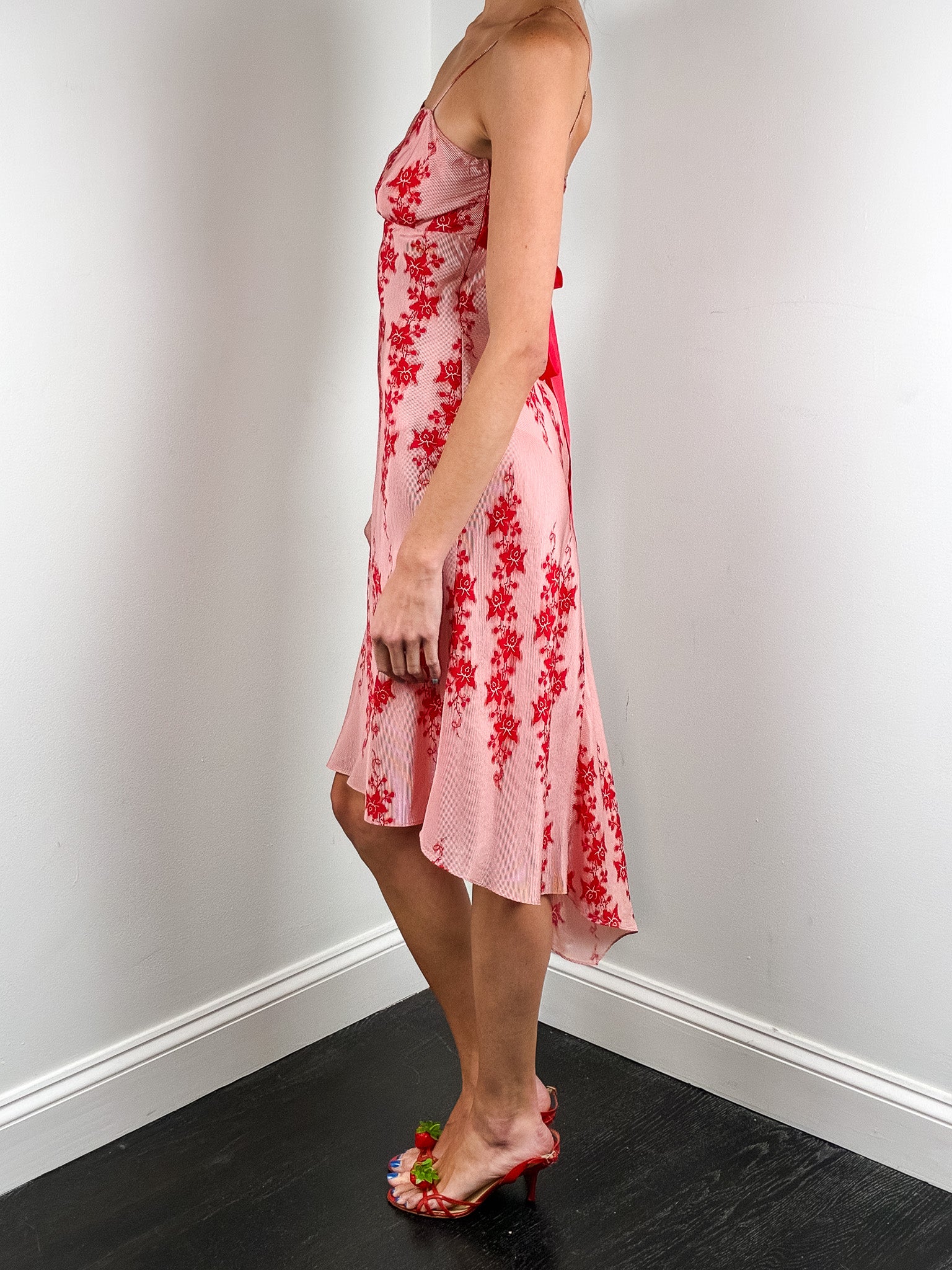 Armani Exchange 2000s Red Floral Asymmetric Hem Slip Dress - XS