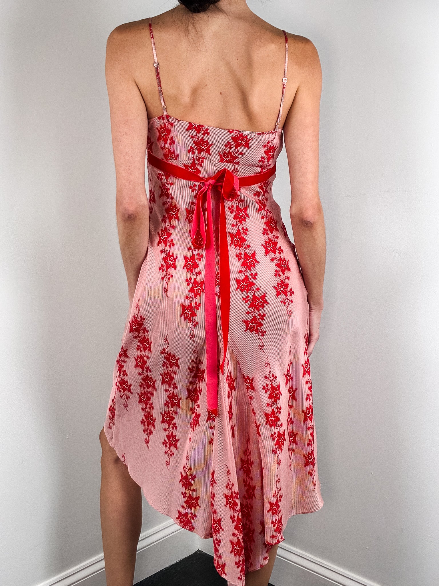 Armani Exchange 2000s Red Floral Asymmetric Hem Slip Dress - XS