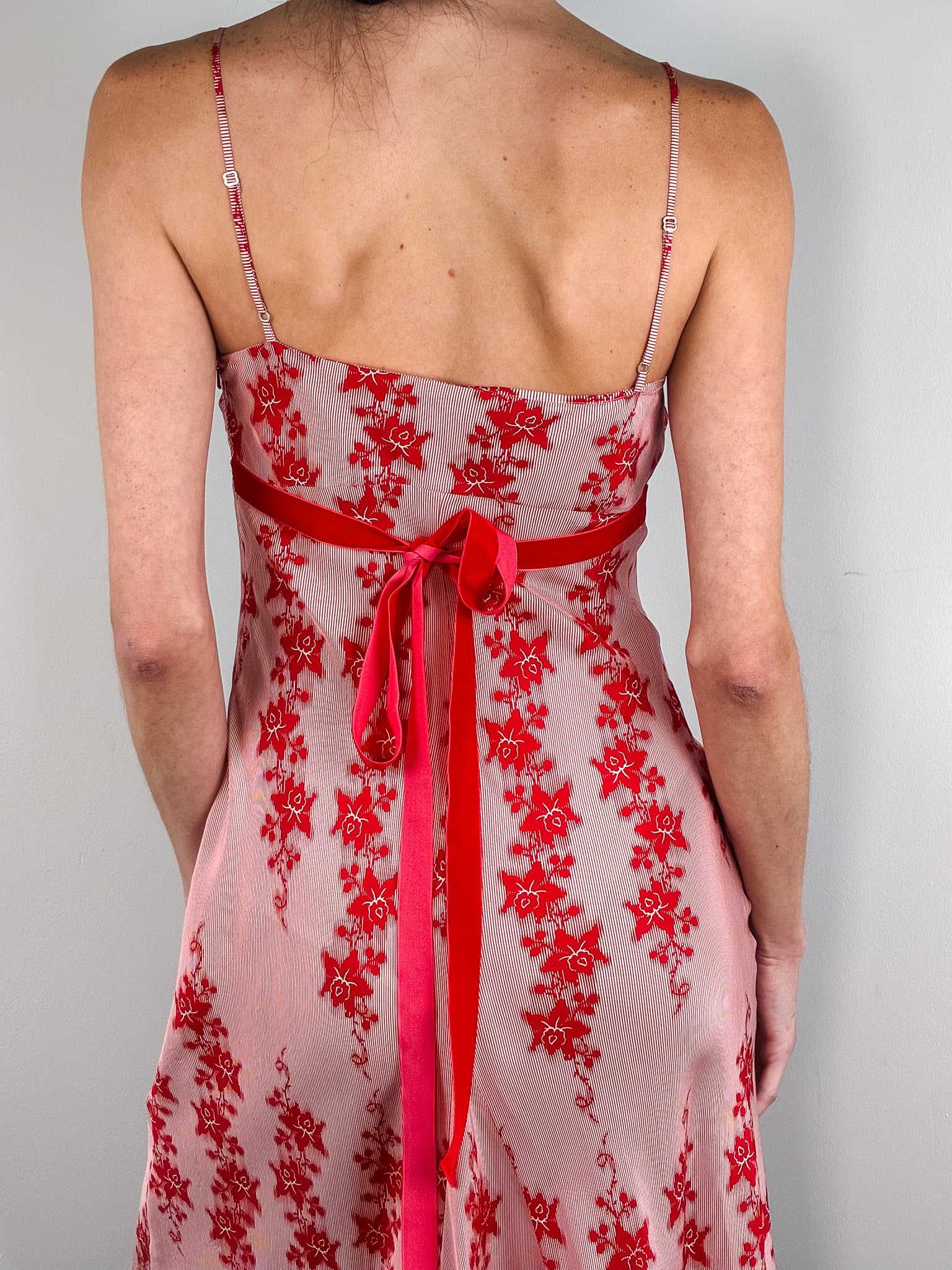 Armani Exchange 2000s Red Floral Asymmetric Hem Slip Dress - XS