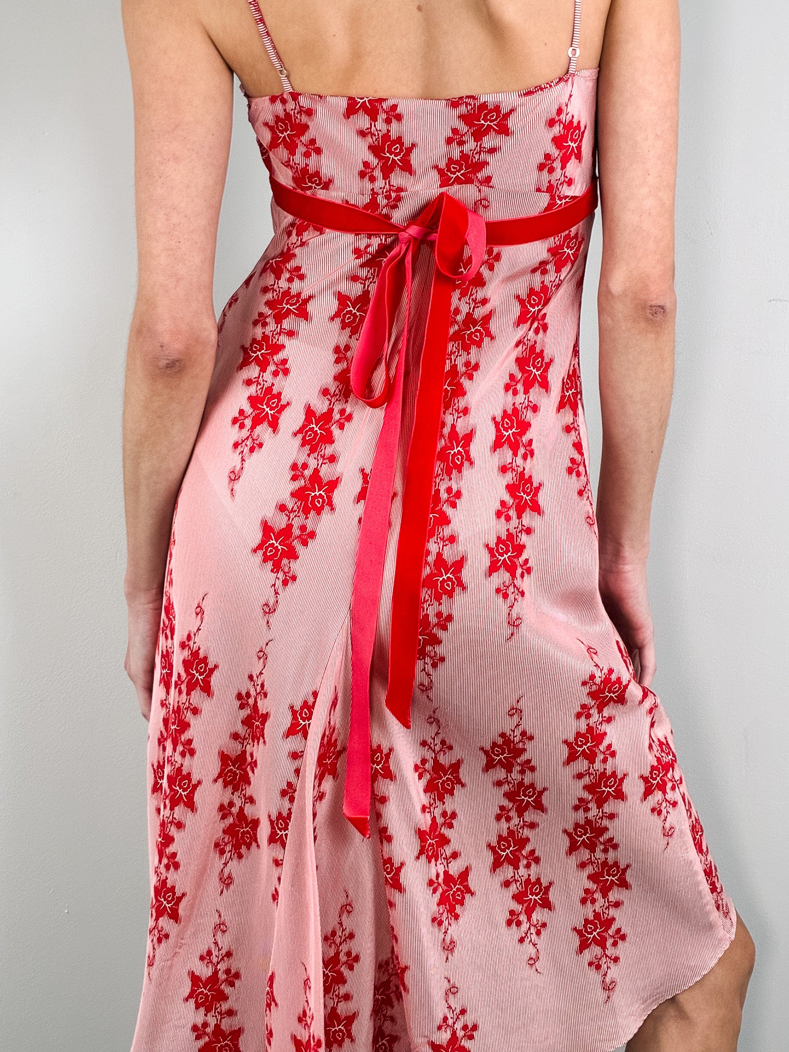Armani Exchange 2000s Red Floral Asymmetric Hem Slip Dress - XS