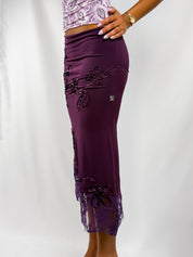 Enzo Loco 2000s Aubergine Satin Appliqué Lace Hem Midi Skirt - XS/S