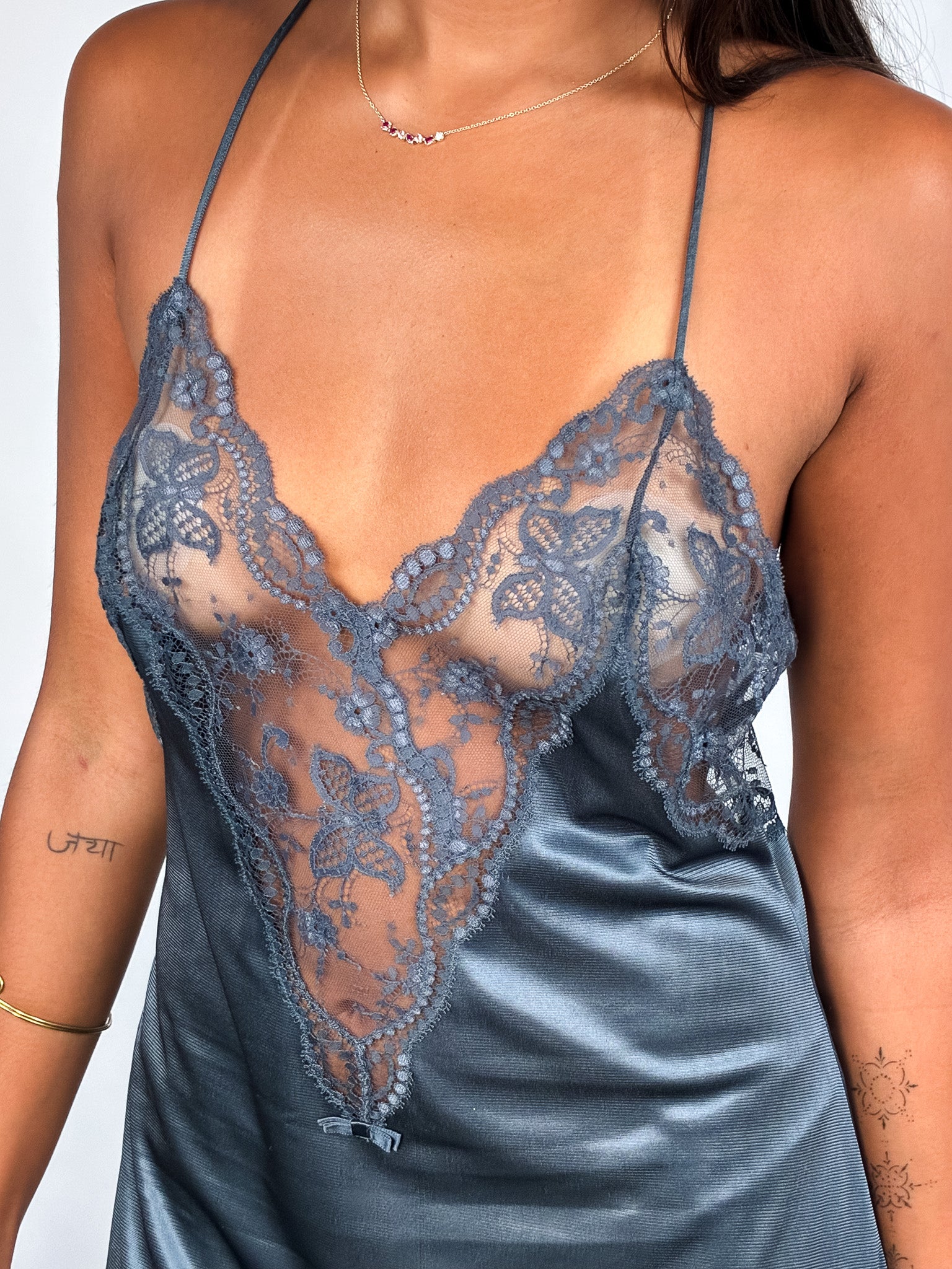 La Perla 2000s Muted Blue Satin Deep V Lace Slip Mini Dress - M