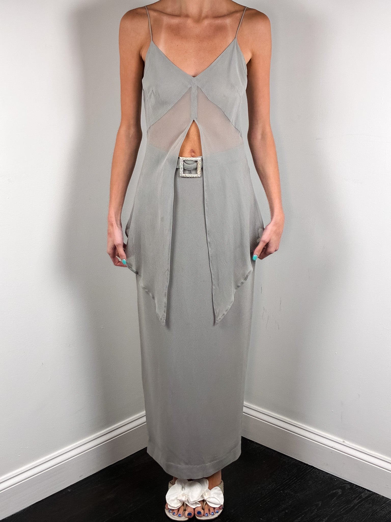 Gai Mattiolo 2000s Grey Rhinestone Buckle Handkerchief-Hem Top and Maxi Skirt Set - S/M