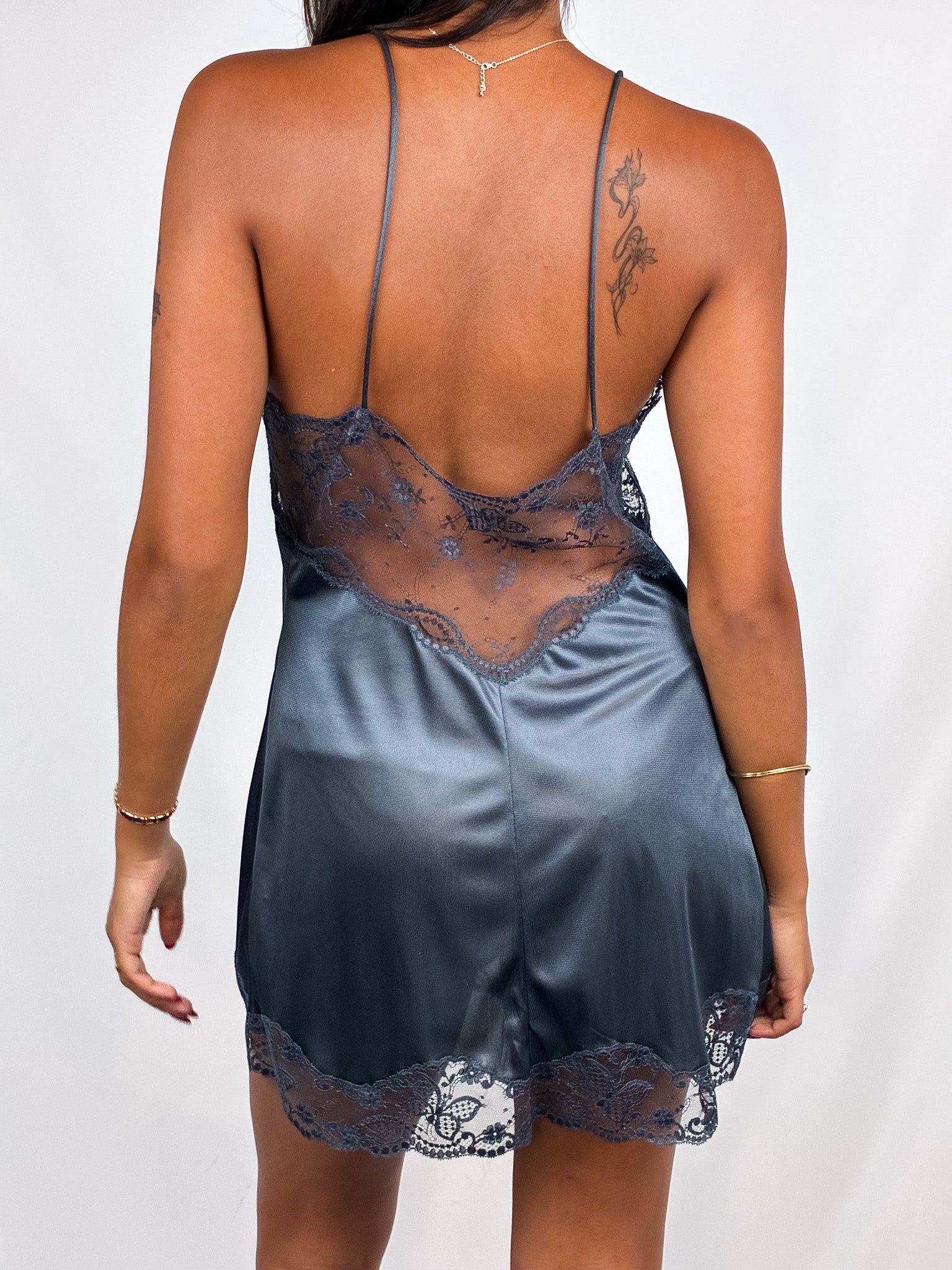 La Perla 2000s Muted Blue Satin Deep V Lace Slip Mini Dress - M