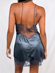 La Perla 2000s Muted Blue Satin Deep V Lace Slip Mini Dress - M