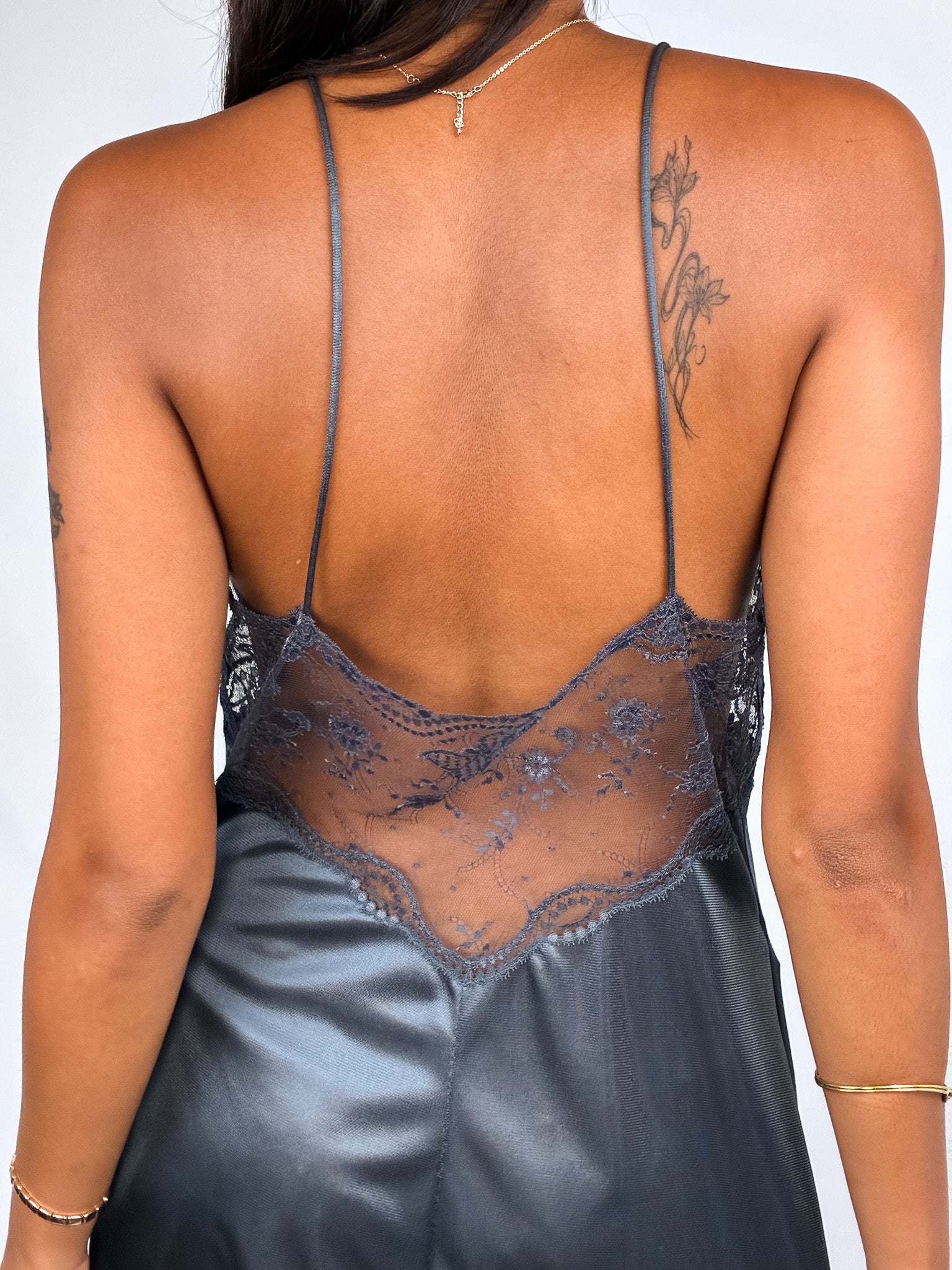 La Perla 2000s Muted Blue Satin Deep V Lace Slip Mini Dress - M