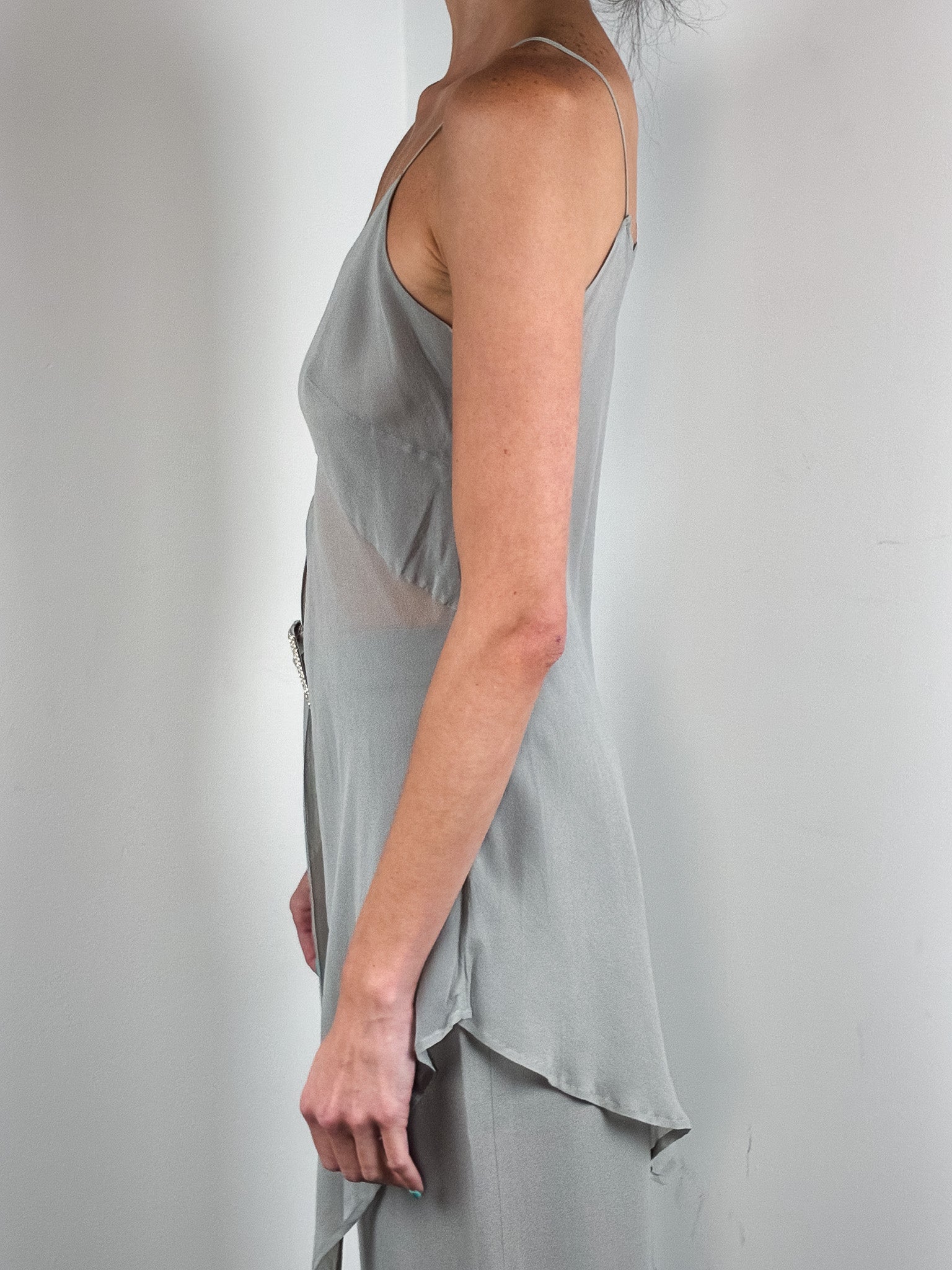 Gai Mattiolo 2000s Grey Rhinestone Buckle Handkerchief-Hem Top and Maxi Skirt Set - S/M
