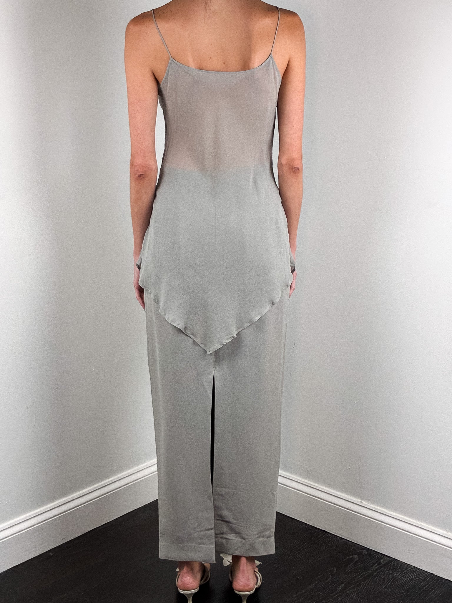 Gai Mattiolo 2000s Grey Rhinestone Buckle Handkerchief-Hem Top and Maxi Skirt Set - S/M